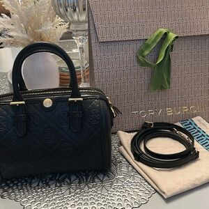 Mint Condition-Tory Burch-Petite T Monogram Leather Mini Barrel Top-Handle Bag